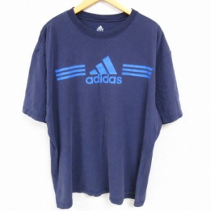 古着 アディダス adidas 半袖 ブランド Tシャツ メンズ ビッグロゴ 大きいサイズ コットン クルーネック 紺 ネイビー XLサイズ 中古 古着