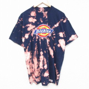 古着 ディッキーズ Dickies 半袖 ブランド Tシャツ メンズ ビックロゴ クルーネック 紺他 ネイビー ブリーチ加工 XLサイズ 中 中古 古着