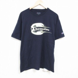 古着 チャンピオン Champion 半袖 ブランド Tシャツ メンズ ビッグロゴ 大きいサイズ コットン クルーネック 紺 ネイビー XLサ 中古 古着