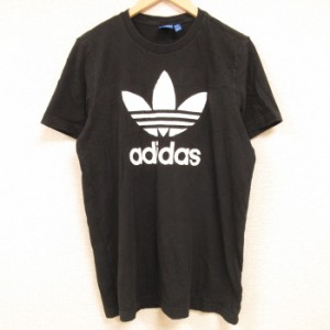 古着 アディダス adidas 半袖 Tシャツ メンズ ビッグロゴ リーフ トレフォイル コットン クルーネック 黒 ブラック Lサイズ 中 中古 古着