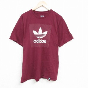 古着 アディダス adidas 半袖 ブランド Tシャツ メンズ ビッグロゴ リーフ トレフォイル コットン クルーネック エンジ XLサイ 中古 古着