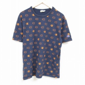 古着 チャンピオン Champion 半袖 ブランド Tシャツ メンズ 総柄 コットン クルーネック 紺 ネイビー Lサイズ 中古 中古 古着