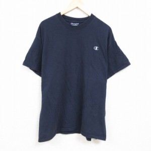 古着 チャンピオン Champion 半袖 ブランド Tシャツ メンズ ワンポイントロゴ 大きいサイズ コットン クルーネック 紺 ネイビ 中古 古着