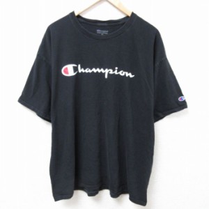 古着 チャンピオン Champion 半袖 Tシャツ メンズ ビッグロゴ 大きいサイズ コットン クルーネック 黒 ブラック XLサイズ 中古 中古 古着