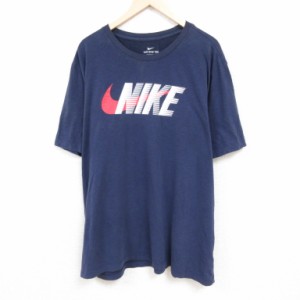 古着 ナイキ NIKE 半袖 ブランド Tシャツ メンズ ビッグロゴ 大きいサイズ ロング丈 クルーネック 紺 ネイビー spe XLサイズ  中古 古着