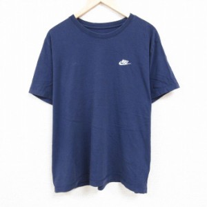 古着 ナイキ NIKE 半袖 ブランド Tシャツ メンズ ワンポイントロゴ 大きいサイズ コットン クルーネック 紺 ネイビー XLサイズ 中古 古着