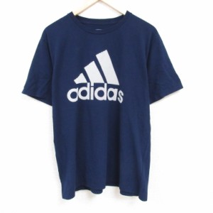 古着 アディダス adidas 半袖 ブランド Tシャツ メンズ ビッグロゴ コットン クルーネック 紺 ネイビー XLサイズ 中古 中古 古着