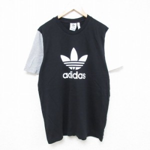 古着 アディダス adidas 半袖 ブランド Tシャツ メンズ ビッグロゴ リーフ トレフォイル ツートンカラー クルーネック 黒他 ブ 中古 古着