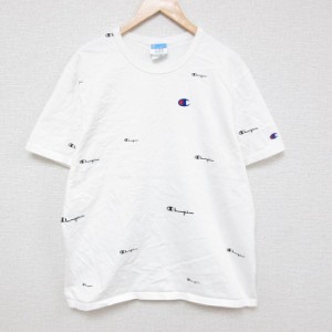 古着 チャンピオン Champion 半袖 ブランド Tシャツ メンズ ワンポイントロゴ 総柄 コットン クルーネック 白 ホワイト XLサイ 中古 古着