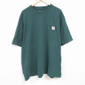 古着 カーハート Carhartt 半袖 ブランド Tシャツ メンズ 胸ポケット付き 大きいサイズ ロング丈 コットン クルーネック 緑 グ 中古 古着