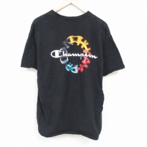 古着 チャンピオン Champion 半袖 ブランド Tシャツ メンズ ワンポイントロゴ クルーネック 黒 ブラック XLサイズ 中古 中古 古着