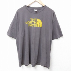 古着 ノースフェイス THE NORTH FACE 半袖 ブランド Tシャツ メンズ ビッグロゴ 大きいサイズ クルーネック 濃グレー XLサイズ 中古 古着
