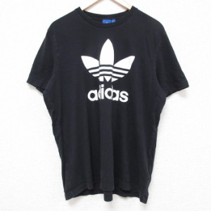 古着 アディダス adidas 半袖 ブランド Tシャツ メンズ ビッグロゴ リーフ トレフォイル クルーネック 黒 ブラック Lサイズ 中 中古 古着