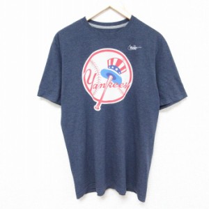 古着 ナイキ NIKE 半袖 ブランド Tシャツ メンズ MLB ニューヨークヤンキース クルーネック 薄紺 ネイビー 霜降り メジャーリ 中古 古着