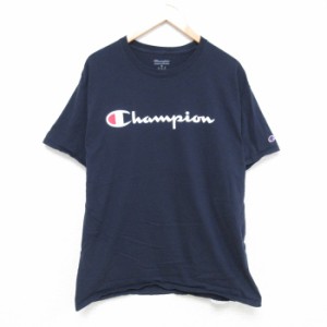 古着 チャンピオン Champion 半袖 ブランド Tシャツ メンズ ビッグロゴ コットン クルーネック 紺 ネイビー Lサイズ 中古 中古 古着