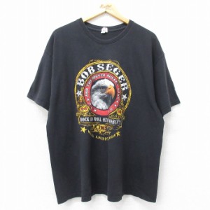 古着 半袖 ロック バンド Tシャツ メンズ ボブシーガー ワシ 大きいサイズ コットン クルーネック 黒 ブラック XLサイズ 中古 中古 古着