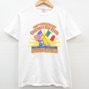 古着 ヘインズ Hanes 半袖 ビンテージ Tシャツ メンズ 90年代 90s コロンブスデー 国旗 コットン クルーネック 白 ホワイト M 中古 古着
