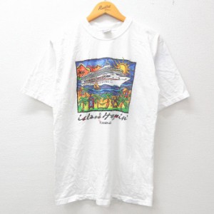 古着 半袖 ビンテージ Tシャツ メンズ 00年代 00s 船 ヤシの木 コットン クルーネック 白 ホワイト Mサイズ 中古 中古 古着