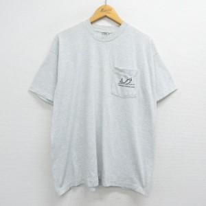 古着 半袖 ビンテージ Tシャツ メンズ 90年代 90s 魚 クマ 胸ポケット付き クルーネック USA製 薄グレー 霜降り XLサイズ 中古 中古 古着