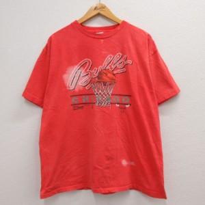古着 半袖 ビンテージ Tシャツ メンズ 90年代 90s NBA シカゴブルズ コットン クルーネック 濃ピンク系 バスケットボール XLサ 中古 古着