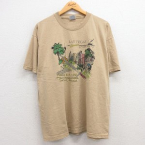 古着 ヘインズ Hanes 半袖 ビンテージ Tシャツ メンズ 90年代 90s ラスベガス 剣 建物 スカル 大きいサイズ クルーネック ベー 中古 古着