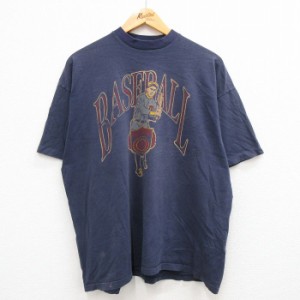 古着 半袖 ビンテージ Tシャツ メンズ 90年代 90s 野球 大きいサイズ コットン クルーネック 紺 ネイビー XLサイズ 中古 中古 古着