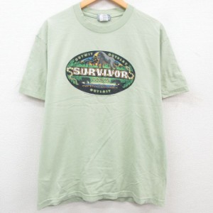 古着 半袖 ビンテージ Tシャツ メンズ 00年代 00s ゴリラ SURVIVOR コットン クルーネック 薄緑 グリーン Lサイズ 中古 中古 古着