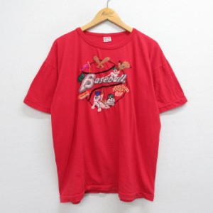 古着 半袖 ビンテージ Tシャツ メンズ 90年代 90s ベースボール 野球 刺繍 大きいサイズ コットン クルーネック 赤 レッド XL 中古 古着