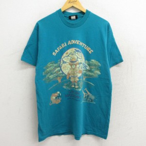古着 半袖 ビンテージ Tシャツ メンズ 90年代 90s クマ サファリ アドベンチャー コットン クルーネック USA製 青緑 Lサイズ  中古 古着