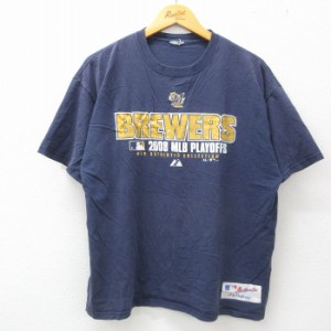 古着 マジェスティック 半袖 ビンテージ Tシャツ メンズ 00年代 00ｓ MLB ミルウォーキーブルワーズ クルーネック 紺 ネイビー 中古 古着