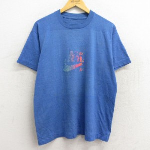 古着 ナイキ NIKE 半袖 ビンテージ Tシャツ メンズ 80年代 80s ビッグロゴ クルーネック 青 ブルー 霜降り Lサイズ 中古 中古 古着