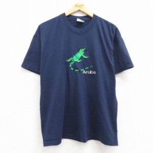 古着 ヘインズ Hanes 半袖 ビンテージ Tシャツ メンズ 00年代 00s トカゲ 刺繍 クルーネック 紺 ネイビー XLサイズ 中古 中古 古着