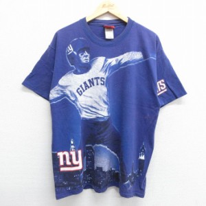 古着 リーボック REEBOK 半袖 Tシャツ メンズ NFL ニューヨークジャイアンツ 全面プリント コットン クルーネック 濃紫系 パー 中古 古着