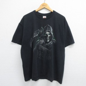 古着 半袖 ビンテージ Tシャツ メンズ 00年代 00s 死神 大きいサイズ コットン クルーネック 黒 ブラック XLサイズ 中古 中古 古着