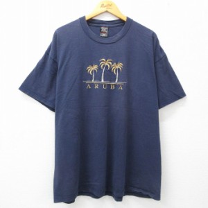 古着 半袖 ビンテージ Tシャツ メンズ 90年代 90s ヤシの木 アルバ 刺繍 大きいサイズ コットン クルーネック USA製 紺 ネイビ 中古 古着
