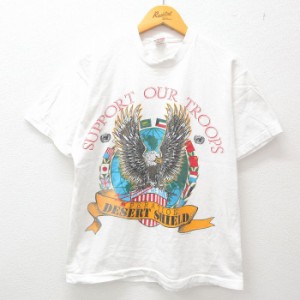 古着 半袖 ビンテージ Tシャツ メンズ 90年代 90s ミリタリー ワシ 国旗 砂漠の盾作戦 コットン クルーネック USA製 白 ホワイ 中古 古着