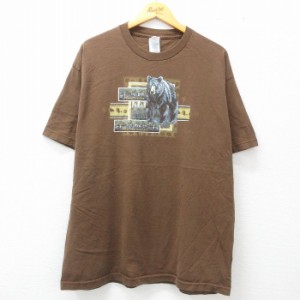 古着 半袖 ビンテージ Tシャツ メンズ 00年代 00s クマ 木 コットン クルーネック 茶 ブラウン XLサイズ 中古 中古 古着