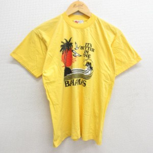 古着 半袖 ビンテージ Tシャツ メンズ 90年代 90s バハマ ヤシの木 鳥 コットン クルーネック 黄 イエロー Mサイズ 中古 中古 古着