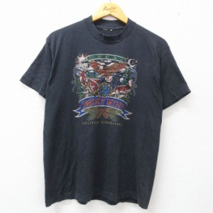 古着 半袖 ビンテージ Tシャツ メンズ 90年代 90s クマ シカ 鳥 クルーネック 黒 ブラック 霜降り Lサイズ 中古 中古 古着