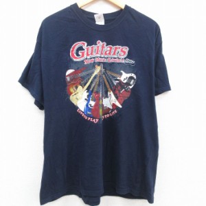 古着 半袖 ビンテージ Tシャツ メンズ 00年代 00s ギター コットン クルーネック 紺 ネイビー XLサイズ 中古 中古 古着