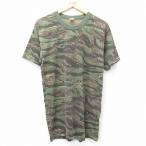 古着 半袖 ビンテージ Tシャツ メンズ 80年代 80s 無地 タイガーカモ クルーネック USA製 緑 グリーン 迷彩 Lサイズ 中古 中古 古着