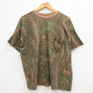 古着 半袖 ビンテージ Tシャツ メンズ 90年代 90s 木 葉 TREBARK 胸ポケット付き 大きいサイズ クルーネック 茶他 ブラウン 迷 中古 古着