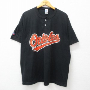 古着 ラッセル 半袖 ビンテージ Tシャツ メンズ 90年代 90s MLB ボルチモアオリオールズ 大きいサイズ ヘンリーネック 黒 ブラ 中古 古着