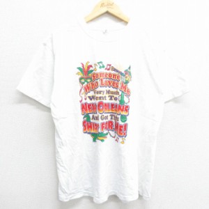 古着 半袖 ビンテージ Tシャツ メンズ 00年代 00s ニューオーリンズ ワニ 音符 コットン クルーネック 白 ホワイト Lサイズ 中 中古 古着