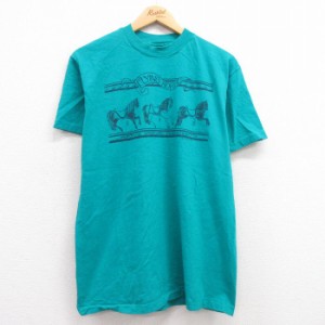 古着 ヘインズ Hanes 半袖 ビンテージ Tシャツ メンズ 80年代 80s 馬 コットン クルーネック USA製 青緑 Lサイズ 中古 中古 古着