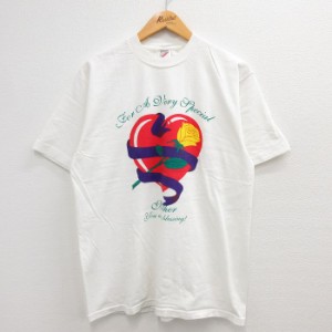 古着 半袖 ビンテージ Tシャツ メンズ 90年代 90s ハート バラ 花 Mother コットン クルーネック USA製 白 ホワイト Lサイズ  中古 古着