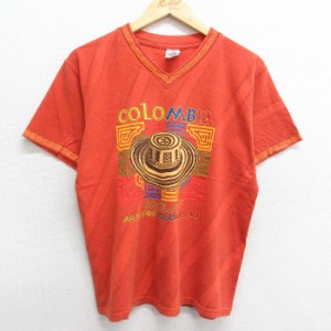 古着 半袖 ビンテージ Tシャツ メンズ 00年代 00s コロンビア COLUMBIA 帽子 コットン Vネック オレンジ Mサイズ 中古 中古 古着