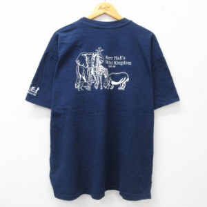 古着 ヘインズ Hanes 半袖 ビンテージ Tシャツ メンズ 90年代 90s キリン ゾウ 大きいサイズ コットン クルーネック USA製 紺  中古 古着