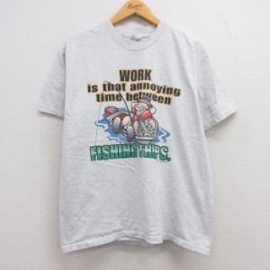 古着 ヘインズ Hanes 半袖 ビンテージ Tシャツ メンズ 90年代 90s 釣り WORK クルーネック 薄グレー 霜降り XLサイズ 中古 中古 古着