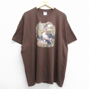 古着 半袖 ビンテージ Tシャツ メンズ 00年代 00s クマ 大きいサイズ コットン クルーネック 茶 ブラウン XLサイズ 中古 中古 古着